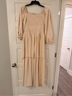 Cream Smocked Maxi Dress with Puff Sleeves